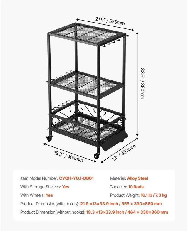 Alt view image 7 of 7 - 10 Pole Fishing Rod Holder Fishing Rack Cart Organizer with Wheels for Garage