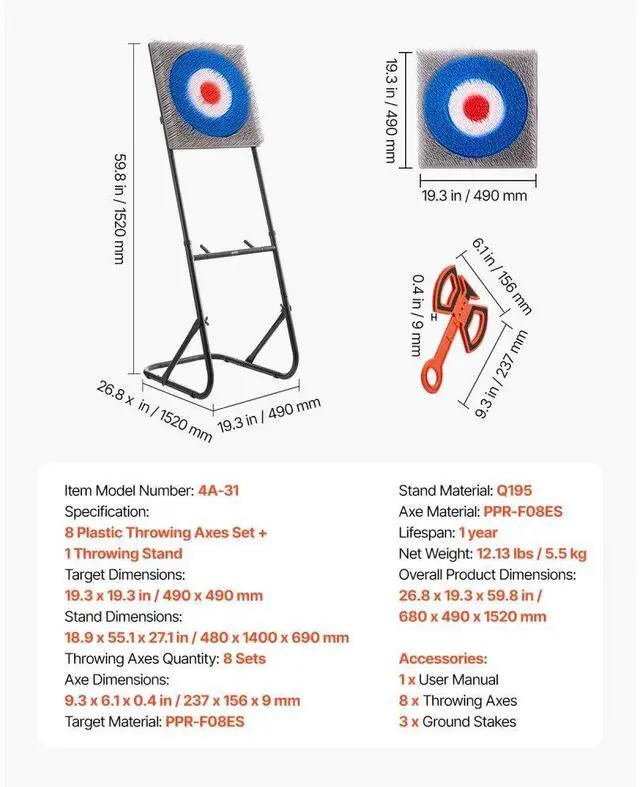 Alt view image 7 of 7 - Axe Throwing Game Plastic Bristle Target with 8 Throwing Axes Set Steel Frame