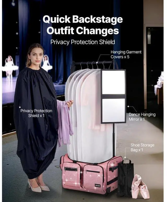 Alt view image 4 of 7 - 23 Inch Dance Bag with Garment Rack Rolling Duffle with Wheels for Travel Pink