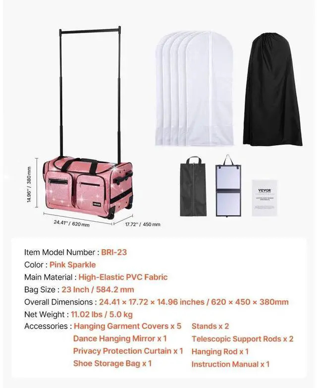 Alt view image 7 of 7 - 23 Inch Dance Bag with Garment Rack Rolling Duffle with Wheels for Travel Pink