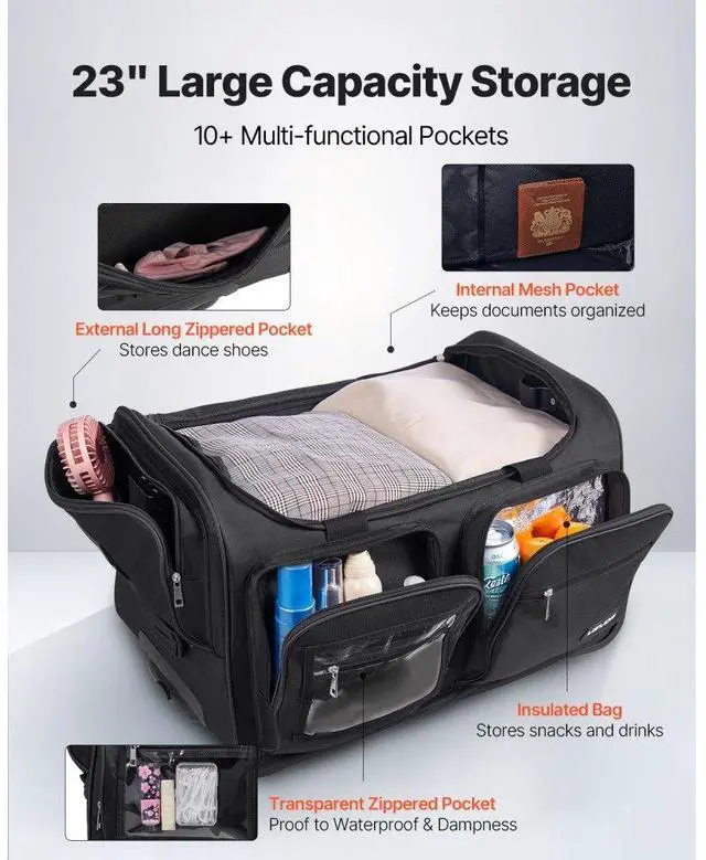 Alt view image 3 of 7 - 23 Inch Dance Bag with Garment Rack Rolling Duffle with Wheels for Travel Black