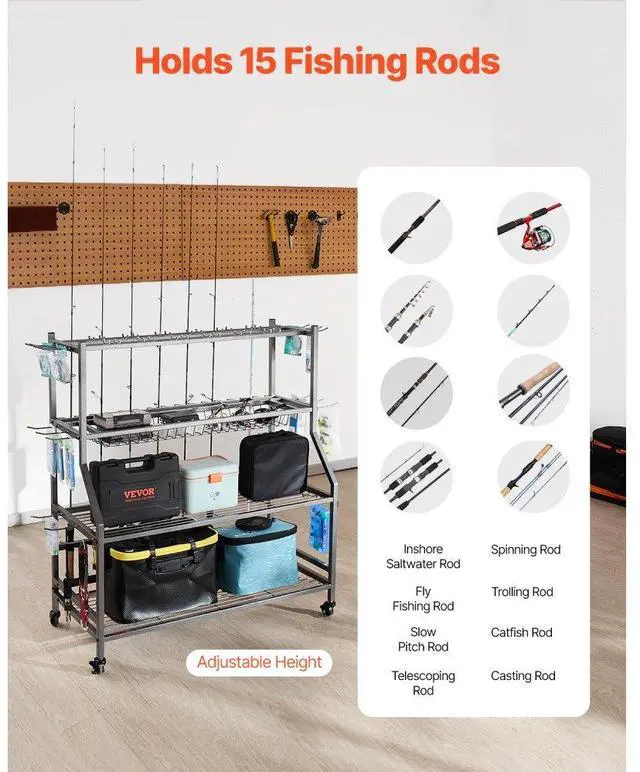Alt view image 3 of 7 - 15 Pole Fishing Rod Holder Fishing Rack Cart Organizer with Wheels for Garage