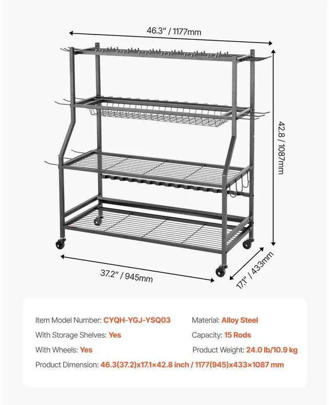 Alt view image 7 of 7 - 15 Pole Fishing Rod Holder Fishing Rack Cart Organizer with Wheels for Garage