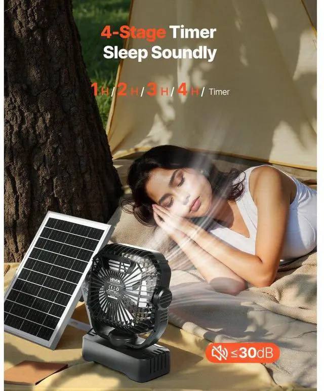 Alt view image 4 of 7 - 10400mAh Solar Fan Camping Fan with Solar Panel LED Lantern 7W 8 Inch