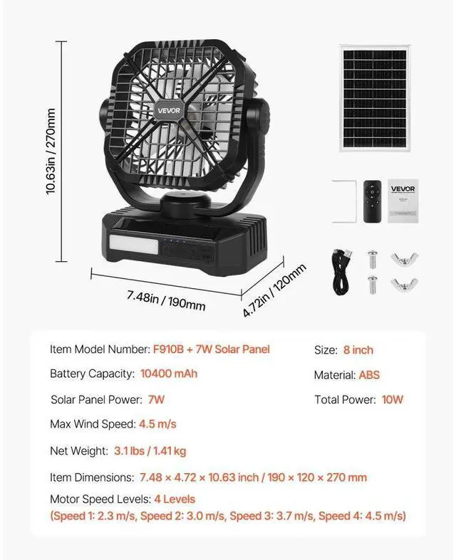 Alt view image 7 of 7 - 10400mAh Solar Fan Camping Fan with Solar Panel LED Lantern 7W 8 Inch
