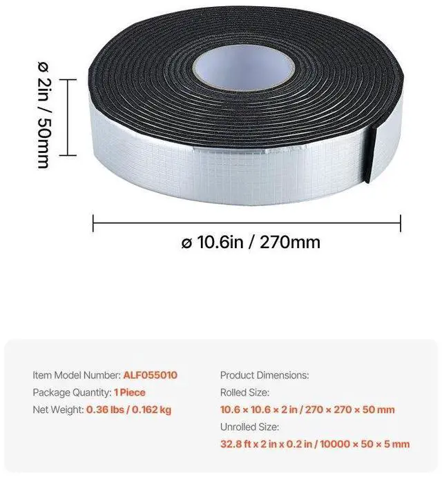 Alt view image 7 of 7 - VEVOR Pipe Insulation Wrap 32.8FT x 2 in with Aluminum Foil Layer Self-Adhesive