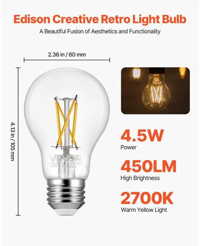 Alt view image 2 of 7 - 6 Pack Edison Bulbs LED A19 4.5W Dimmable 450 Lumens 2700K E26 Antique