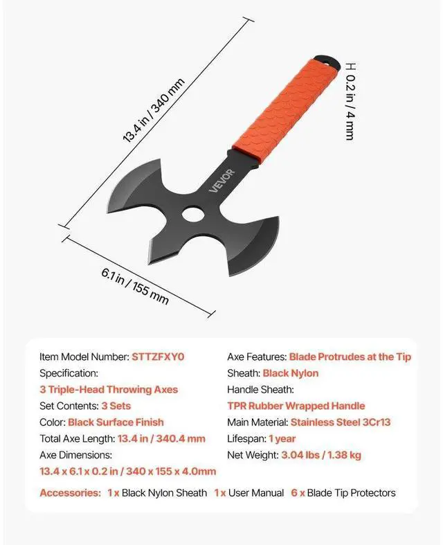Alt view image 7 of 7 - Throwing Axes and Tomahawks 3Pack 13.4 inch Triple Edge Axe Throwing Hatchet Set