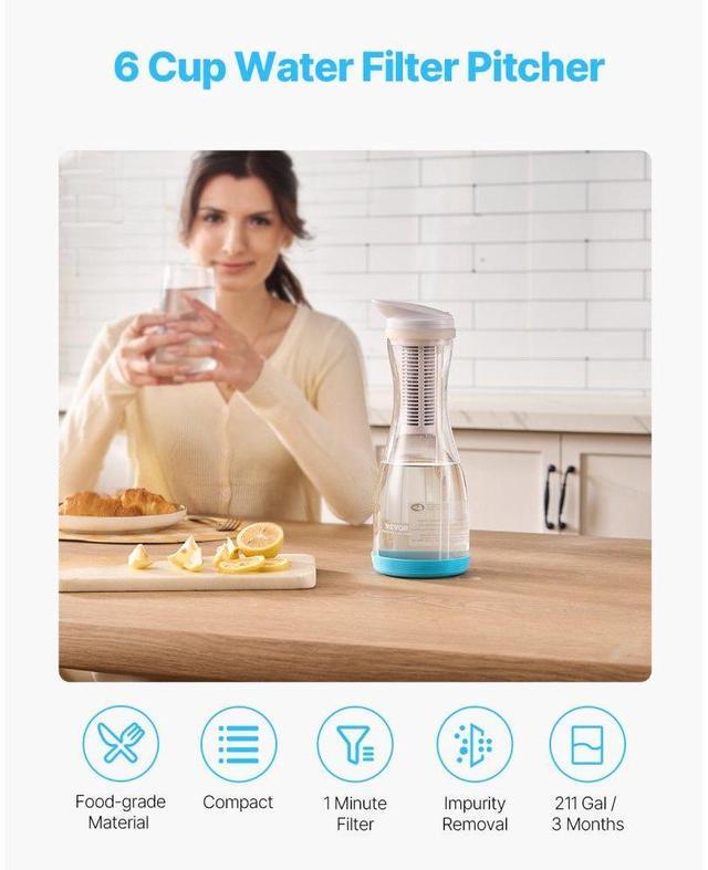 Alt view image 2 of 7 - Water Filter Pitcher 6 Cup Glass Water Filtration Pitcher 211 Gallons No BPA