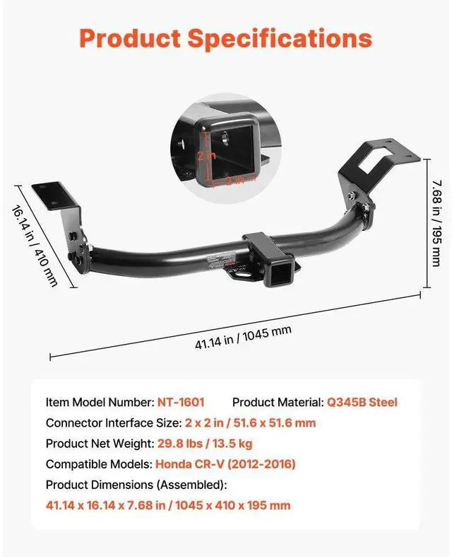 Alt view image 7 of 7 - VEVOR Class 3 Trailer Hitch Tow Hitch with 2" Receiver for 2012-2016 Honda CR-V