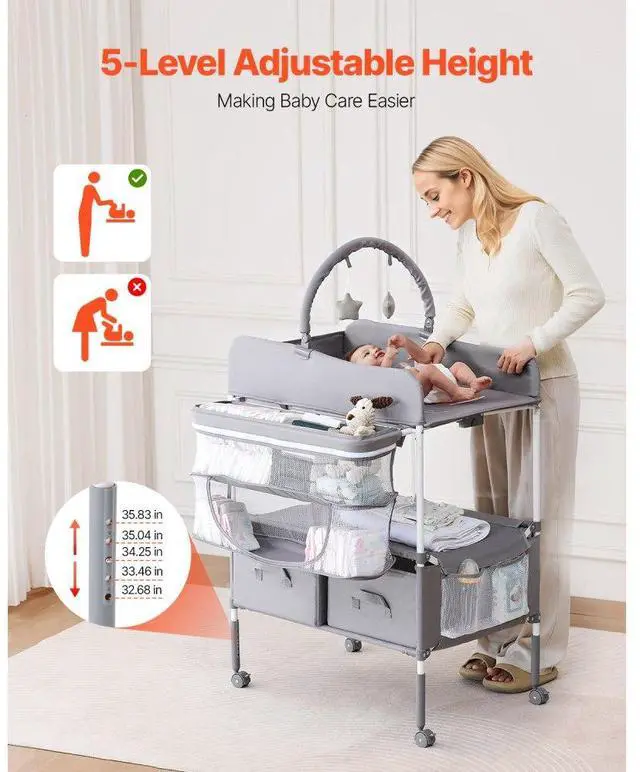 Alt view image 2 of 7 - VEVOR Baby Changing Table, Foldable Diaper Change Station with 2 Fabric Drawers, Side Basket & Hanging Rod, Adjustable Height Portable Changing Table with Lockable Wheels & 2 Star Toys, Light Gray