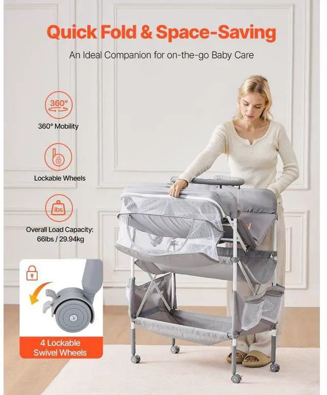 Alt view image 3 of 7 - VEVOR Baby Changing Table, Foldable Diaper Change Station with 2 Fabric Drawers, Side Basket & Hanging Rod, Adjustable Height Portable Changing Table with Lockable Wheels & 2 Star Toys, Light Gray