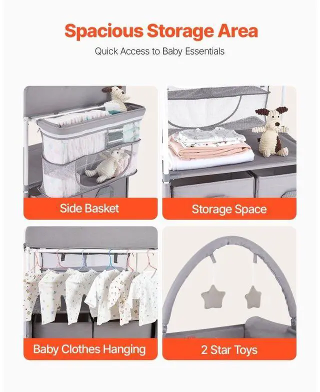 Alt view image 4 of 7 - VEVOR Baby Changing Table, Foldable Diaper Change Station with 2 Fabric Drawers, Side Basket & Hanging Rod, Adjustable Height Portable Changing Table with Lockable Wheels & 2 Star Toys, Light Gray