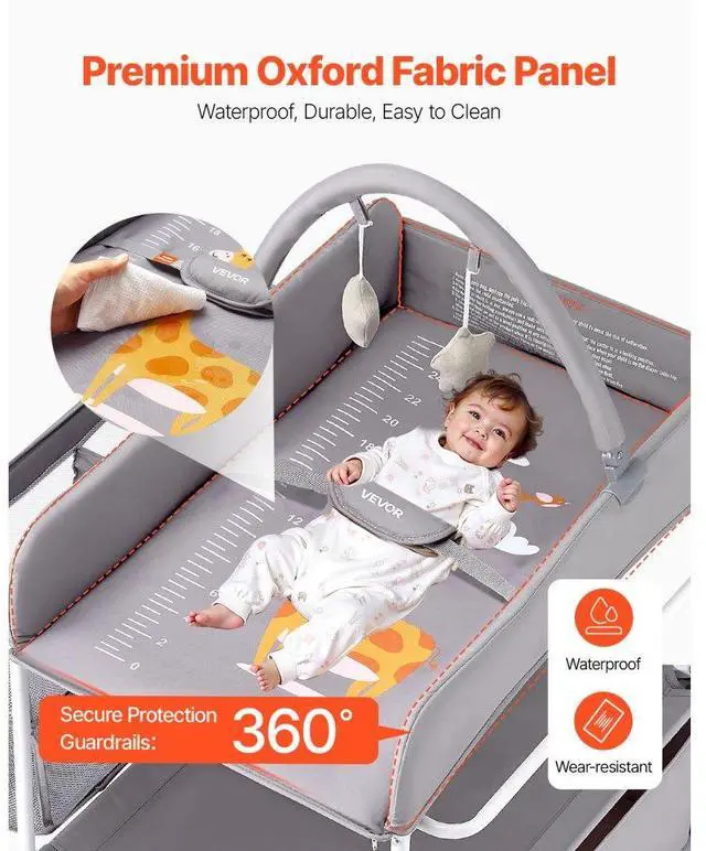 Alt view image 5 of 7 - VEVOR Baby Changing Table, Foldable Diaper Change Station with 2 Fabric Drawers, Side Basket & Hanging Rod, Adjustable Height Portable Changing Table with Lockable Wheels & 2 Star Toys, Light Gray