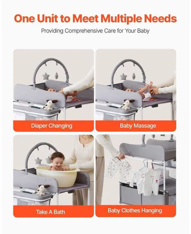 Alt view image 6 of 7 - VEVOR Baby Changing Table, Foldable Diaper Change Station with 2 Fabric Drawers, Side Basket & Hanging Rod, Adjustable Height Portable Changing Table with Lockable Wheels & 2 Star Toys, Light Gray