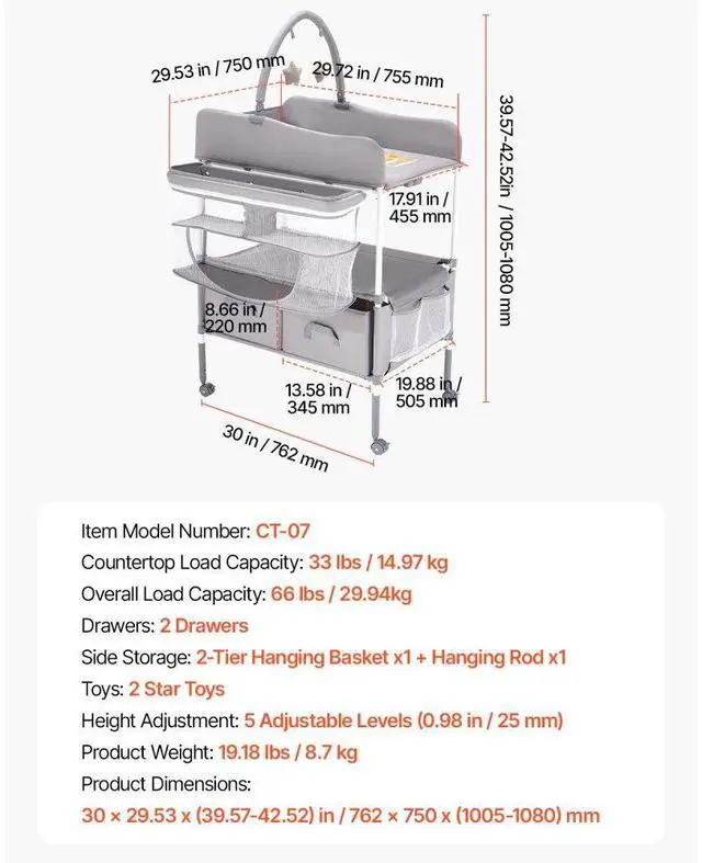Alt view image 7 of 7 - VEVOR Baby Changing Table, Foldable Diaper Change Station with 2 Fabric Drawers, Side Basket & Hanging Rod, Adjustable Height Portable Changing Table with Lockable Wheels & 2 Star Toys, Light Gray