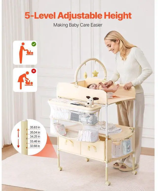 Alt view image 2 of 7 - VEVOR Baby Changing Table, Foldable Diaper Change Station with 2 Fabric Drawers, Side Basket & Hanging Rod, Adjustable Height Portable Changing Table with Lockable Wheels & 2 Star Toys, Light Beige