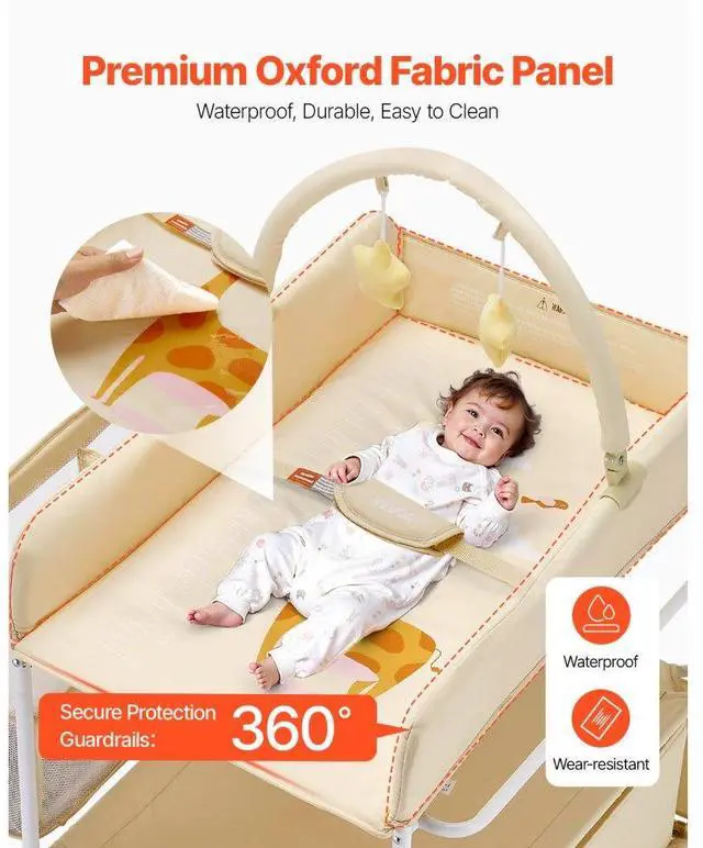 Alt view image 5 of 7 - VEVOR Baby Changing Table, Foldable Diaper Change Station with 2 Fabric Drawers, Side Basket & Hanging Rod, Adjustable Height Portable Changing Table with Lockable Wheels & 2 Star Toys, Light Beige
