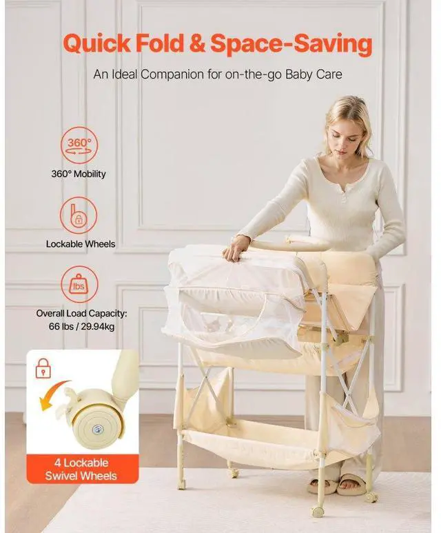 Alt view image 3 of 7 - VEVOR Baby Changing Table, Foldable Diaper Change Station with 2 Fabric Drawers, Side Basket & Hanging Rod, Adjustable Height Portable Changing Table with Lockable Wheels & 2 Star Toys, Light Beige