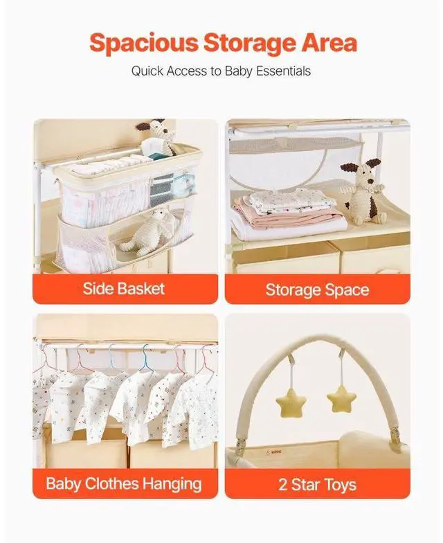 Alt view image 4 of 7 - VEVOR Baby Changing Table, Foldable Diaper Change Station with 2 Fabric Drawers, Side Basket & Hanging Rod, Adjustable Height Portable Changing Table with Lockable Wheels & 2 Star Toys, Light Beige