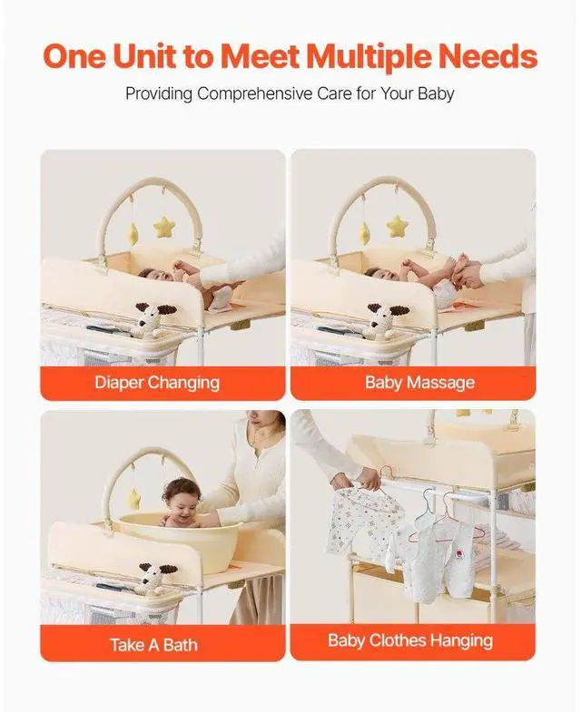 Alt view image 6 of 7 - VEVOR Baby Changing Table, Foldable Diaper Change Station with 2 Fabric Drawers, Side Basket & Hanging Rod, Adjustable Height Portable Changing Table with Lockable Wheels & 2 Star Toys, Light Beige