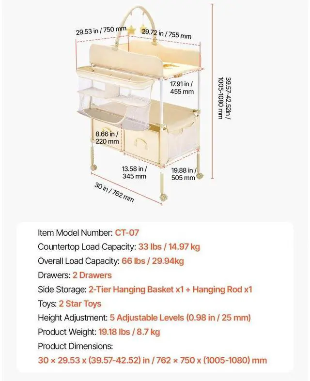Alt view image 7 of 7 - VEVOR Baby Changing Table, Foldable Diaper Change Station with 2 Fabric Drawers, Side Basket & Hanging Rod, Adjustable Height Portable Changing Table with Lockable Wheels & 2 Star Toys, Light Beige
