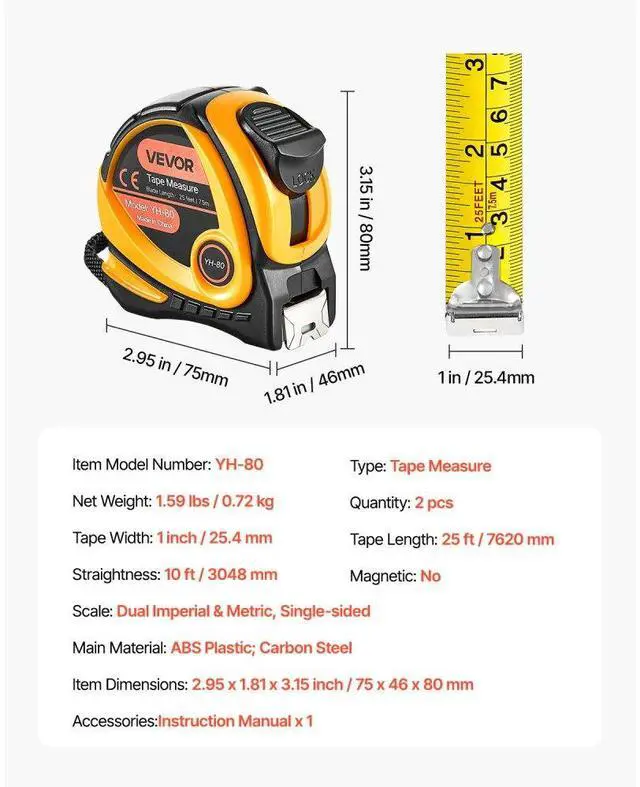 Alt view image 7 of 7 - 2 Packs Tape Measure 25ft Retractable Imperial Metric for Outdoor Decoration