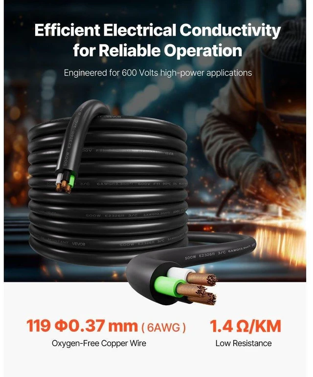 Alt view image 2 of 14 - 50 FT 6AWG Portable Electrical Power Cable Extension Cord Copper Wire 600V