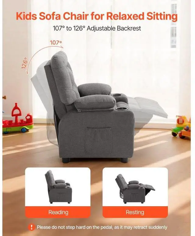 Alt view image 2 of 7 - VEVOR Kids Reclining Chair, Toddler Recliner with Cup Holders and Pockets, 107° to 126° Adjustable Backrest, Breathable Polyester Fabric Recliner Couch with Footrest, for Boys & Girls, Children(Grey)