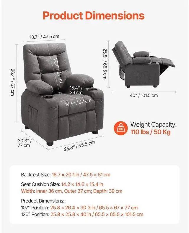 Alt view image 3 of 7 - VEVOR Kids Reclining Chair, Toddler Recliner with Cup Holders and Pockets, 107° to 126° Adjustable Backrest, Breathable Polyester Fabric Recliner Couch with Footrest, for Boys & Girls, Children(Grey)