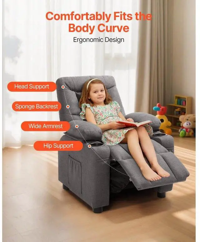 Alt view image 5 of 7 - VEVOR Kids Reclining Chair, Toddler Recliner with Cup Holders and Pockets, 107° to 126° Adjustable Backrest, Breathable Polyester Fabric Recliner Couch with Footrest, for Boys & Girls, Children(Grey)