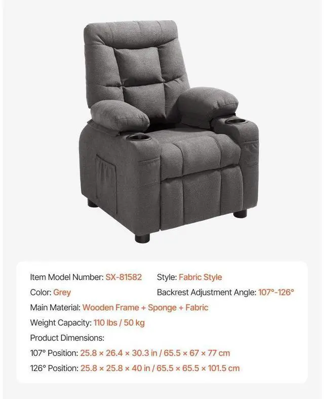 Alt view image 7 of 7 - VEVOR Kids Reclining Chair, Toddler Recliner with Cup Holders and Pockets, 107° to 126° Adjustable Backrest, Breathable Polyester Fabric Recliner Couch with Footrest, for Boys & Girls, Children(Grey)