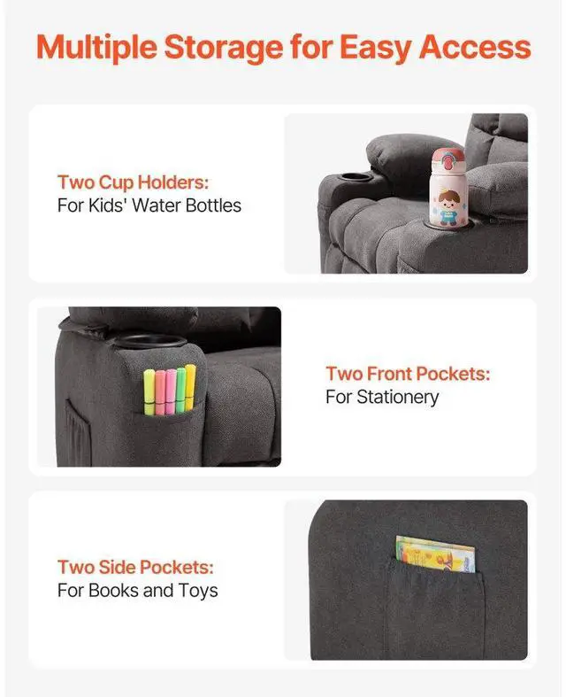 Alt view image 6 of 7 - VEVOR Kids Reclining Chair, Toddler Recliner with Cup Holders and Pockets, 107° to 126° Adjustable Backrest, Breathable Polyester Fabric Recliner Couch with Footrest, for Boys & Girls, Children(Grey)