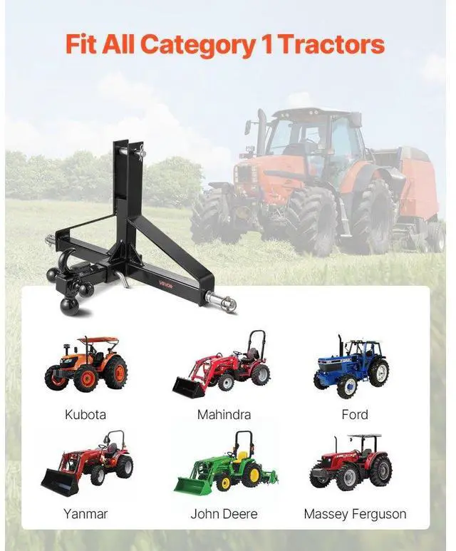 Alt view image 2 of 7 - 3 Point 2 in Trailer Hitch Receiver Tractor Drawbar Adapter Heavy Duty Steel