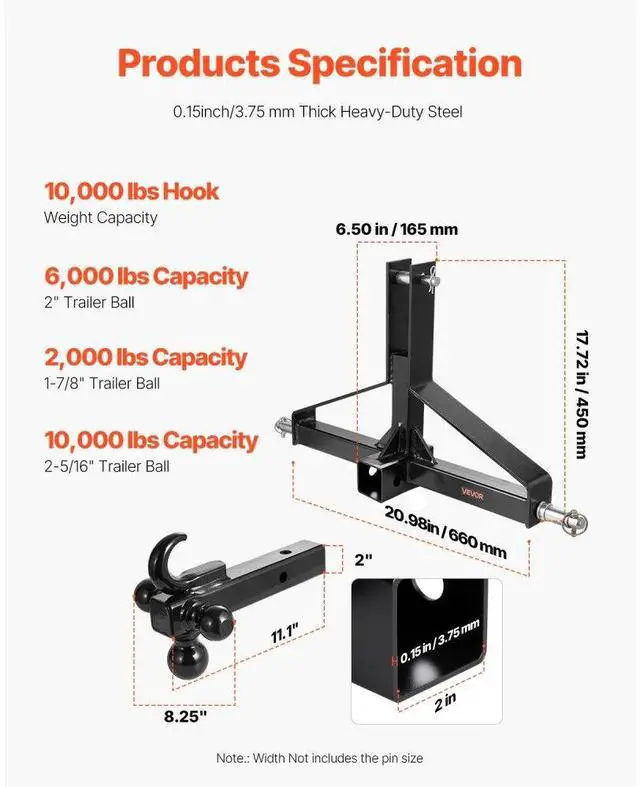 Alt view image 3 of 7 - 3 Point 2 in Trailer Hitch Receiver Tractor Drawbar Adapter Heavy Duty Steel
