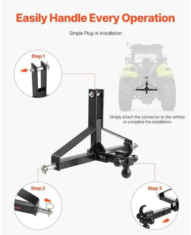 Alt view image 6 of 7 - 3 Point 2 in Trailer Hitch Receiver Tractor Drawbar Adapter Heavy Duty Steel