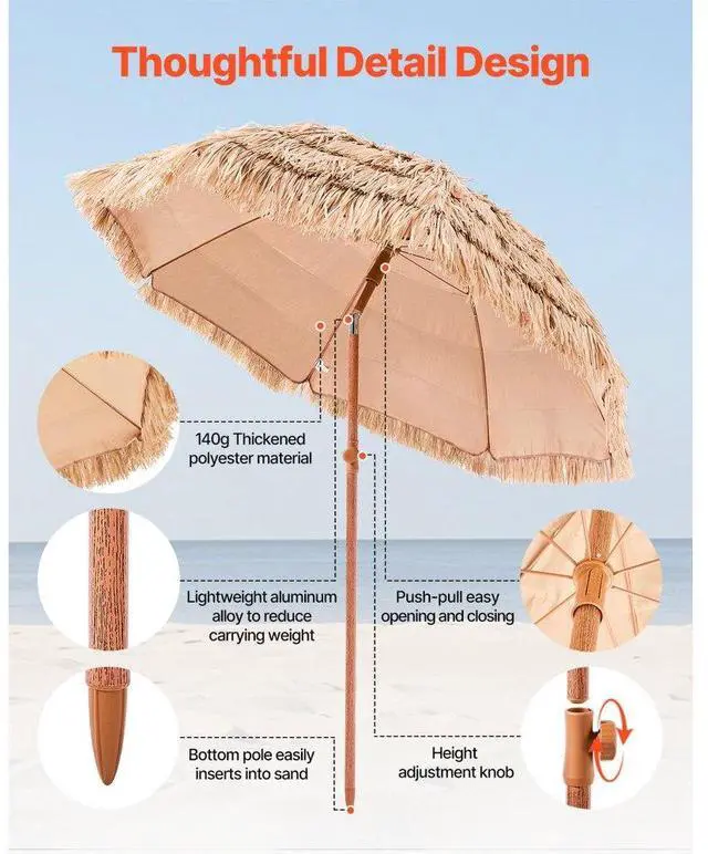 Alt view image 7 of 7 - Tiki Umbrella Thatched Patio Umbrella 6 ft Poolside Patio Beach Umbrella