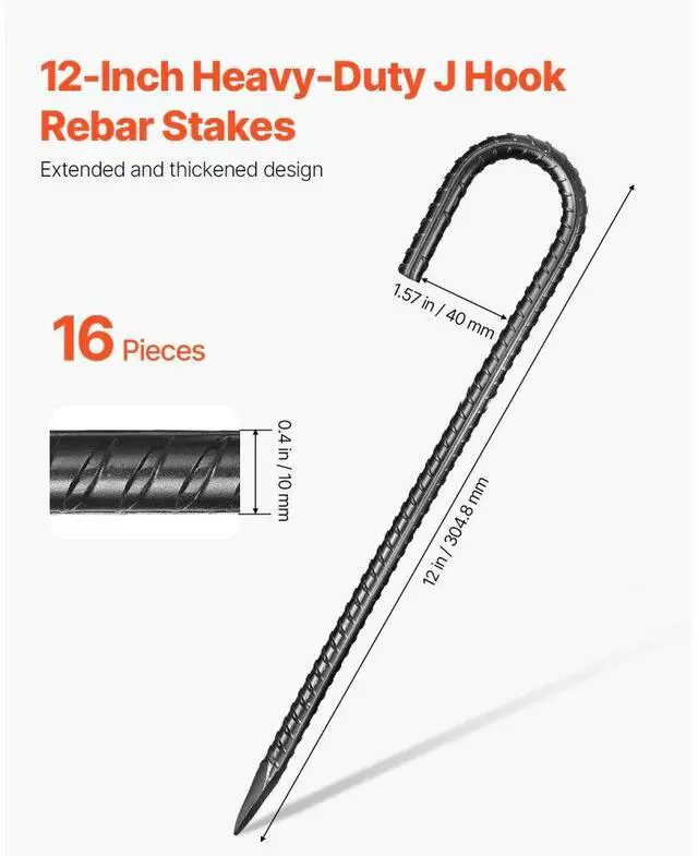 Alt view image 2 of 7 - 12-Inch 16 Pack Rebar Stakes Heavy Duty J Hook Galvanized Steel Ground Anchors