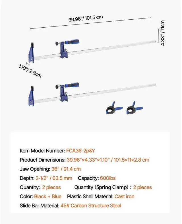 Alt view image 7 of 7 - Bar Clamps for Woodworking 2-Pack 36 inch Opening Lockable F Clamp Cast Iron