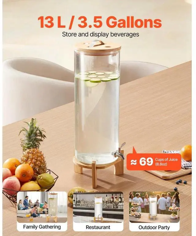 Alt view image 2 of 7 - Drink Dispenser 3.5 Gal Beverage Dispenser for Parties Glass with Stand