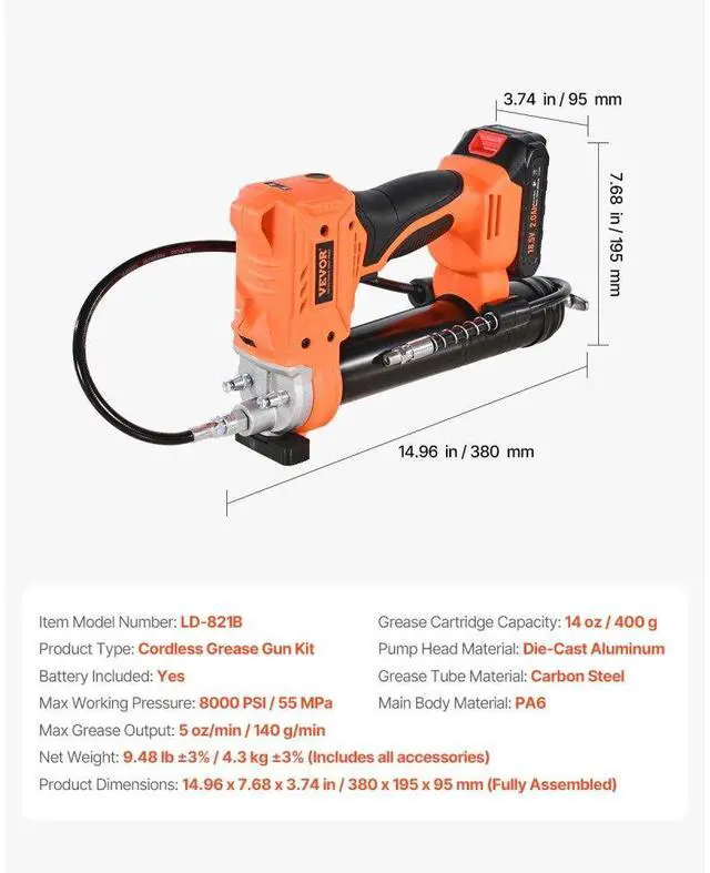 Alt view image 7 of 7 - VEVOR Cordless Grease Gun 20V Grease Gun Kit with 2.0 Ah Battery 35.4-inch Hose