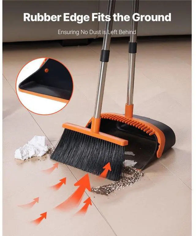 Alt view image 2 of 7 - VEVOR Broom and Dustpan Set, Heavy Duty Dustpan and Broom Combo with Self-Cleaning Teeth, Metal Upright Standing Dust Pan with Long Handle, Ideal for Home, Restaurant, Office, Dorm, Black+Orange