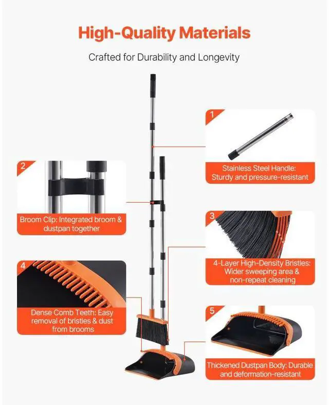 Alt view image 3 of 7 - VEVOR Broom and Dustpan Set, Heavy Duty Dustpan and Broom Combo with Self-Cleaning Teeth, Metal Upright Standing Dust Pan with Long Handle, Ideal for Home, Restaurant, Office, Dorm, Black+Orange