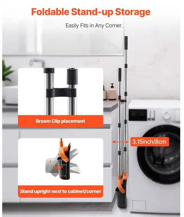 Alt view image 5 of 7 - VEVOR Broom and Dustpan Set, Heavy Duty Dustpan and Broom Combo with Self-Cleaning Teeth, Metal Upright Standing Dust Pan with Long Handle, Ideal for Home, Restaurant, Office, Dorm, Black+Orange