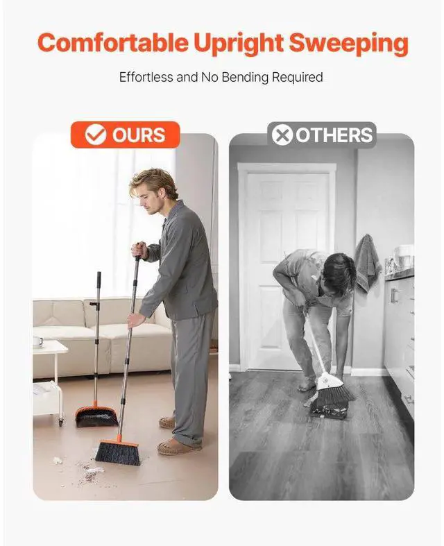 Alt view image 6 of 7 - VEVOR Broom and Dustpan Set, Heavy Duty Dustpan and Broom Combo with Self-Cleaning Teeth, Metal Upright Standing Dust Pan with Long Handle, Ideal for Home, Restaurant, Office, Dorm, Black+Orange