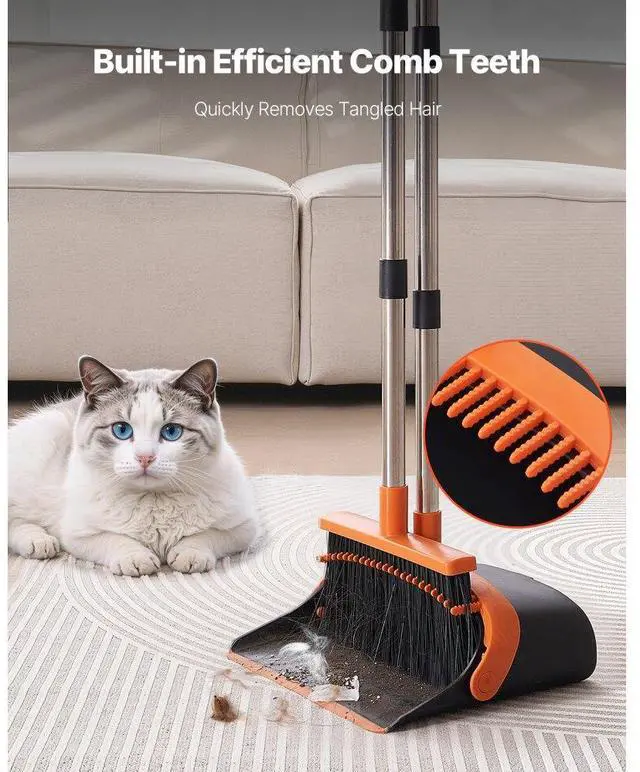 Alt view image 4 of 7 - VEVOR Broom and Dustpan Set, Heavy Duty Dustpan and Broom Combo with Self-Cleaning Teeth, Metal Upright Standing Dust Pan with Long Handle, Ideal for Home, Restaurant, Office, Dorm, Black+Orange