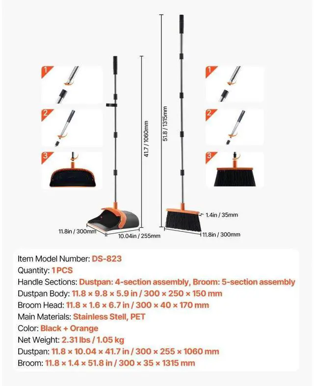 Alt view image 7 of 7 - VEVOR Broom and Dustpan Set, Heavy Duty Dustpan and Broom Combo with Self-Cleaning Teeth, Metal Upright Standing Dust Pan with Long Handle, Ideal for Home, Restaurant, Office, Dorm, Black+Orange