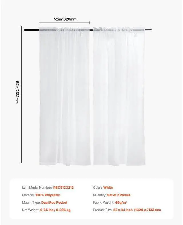 Alt view image 7 of 7 - Sheer Curtains 52 W x 84 L inches 2 Panels Window Drapes Rod Pocket Polyester