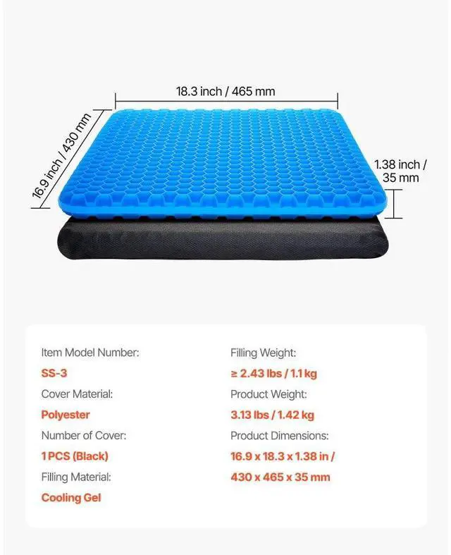 Alt view image 7 of 7 - VEVOR Seat Cushion Cooling Gel Seat Chair Cushion for Hips Back Pressure Relief