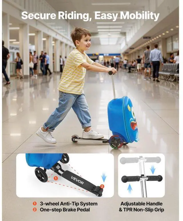 Alt view image 3 of 7 - VEVOR Ride-on Luggage 20-inch Kids Scooter Suitcase with Flash Wheels Blue